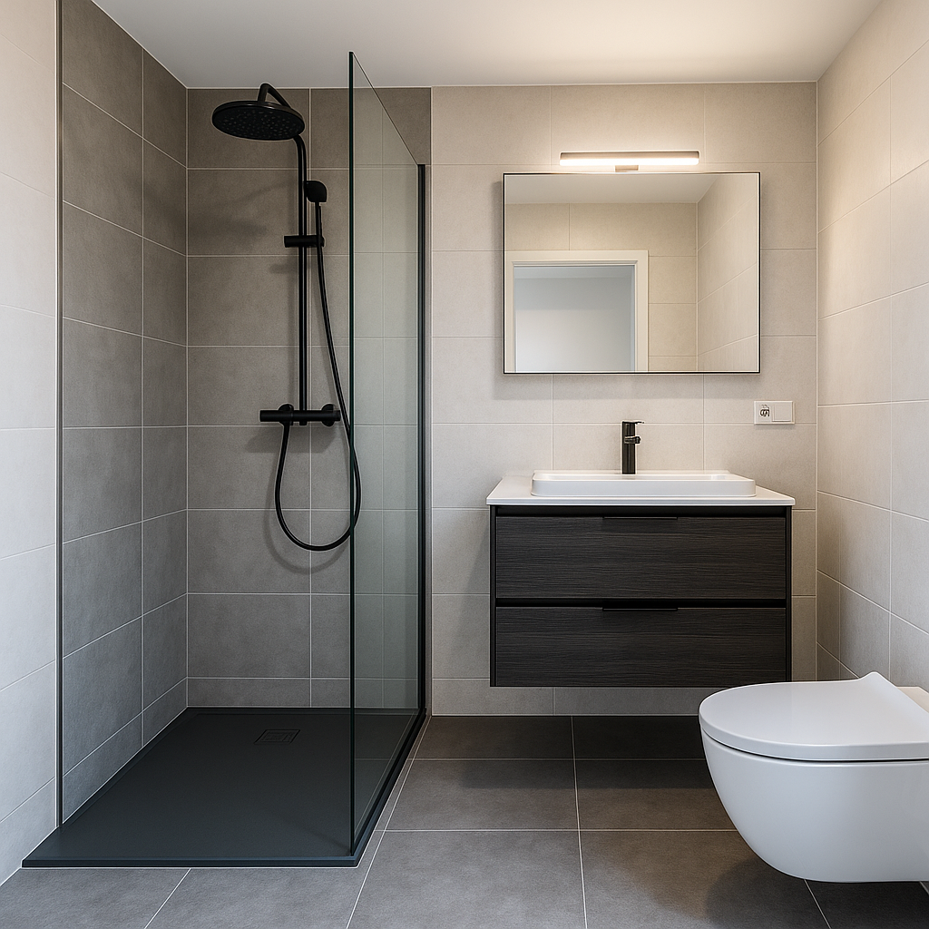 Modernes, frisch saniertes Bad in München mit bodengleicher Dusche und großformatigen Fliesen