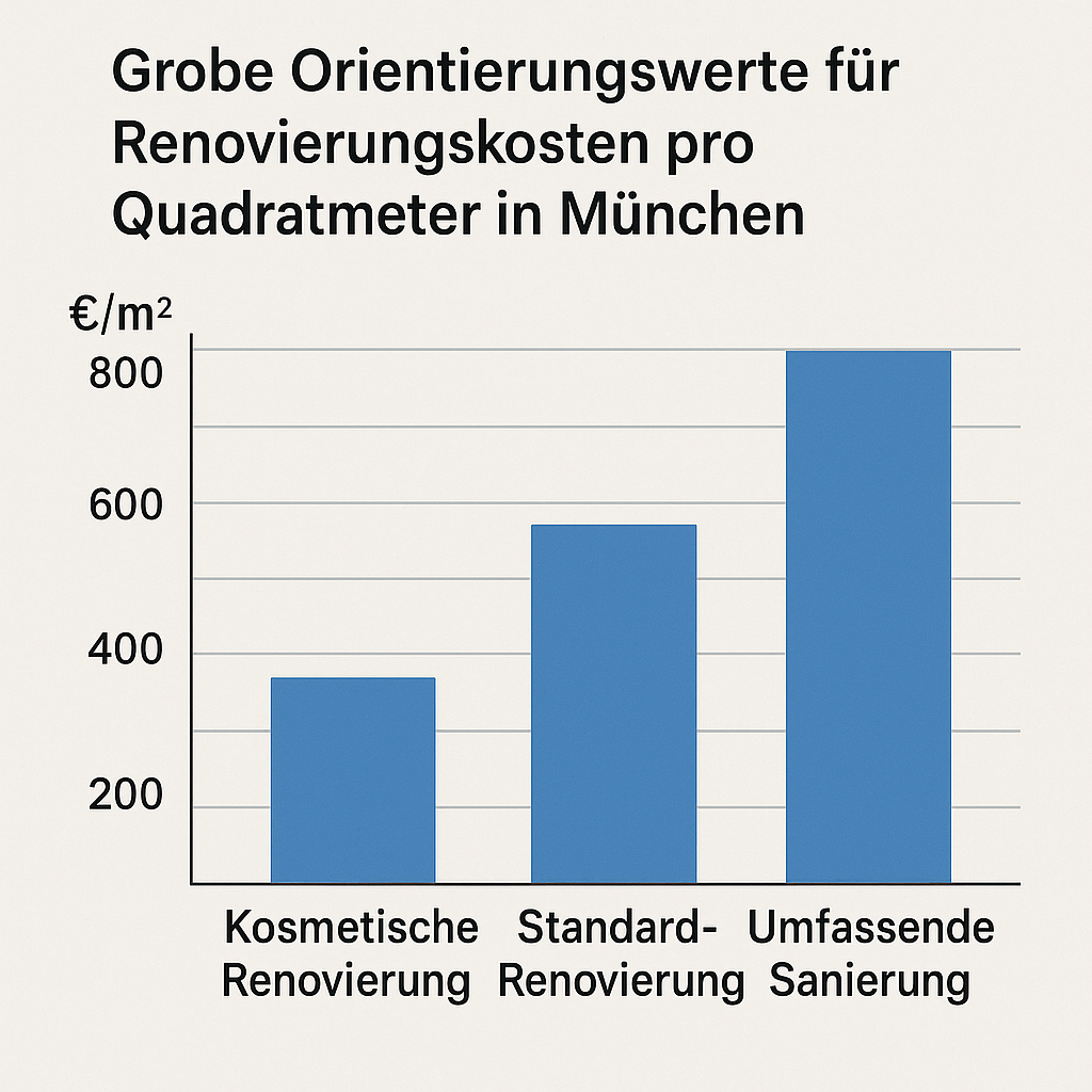 Balkendiagramm mit Vergleich der Renovierungskosten pro Quadratmeter in München
