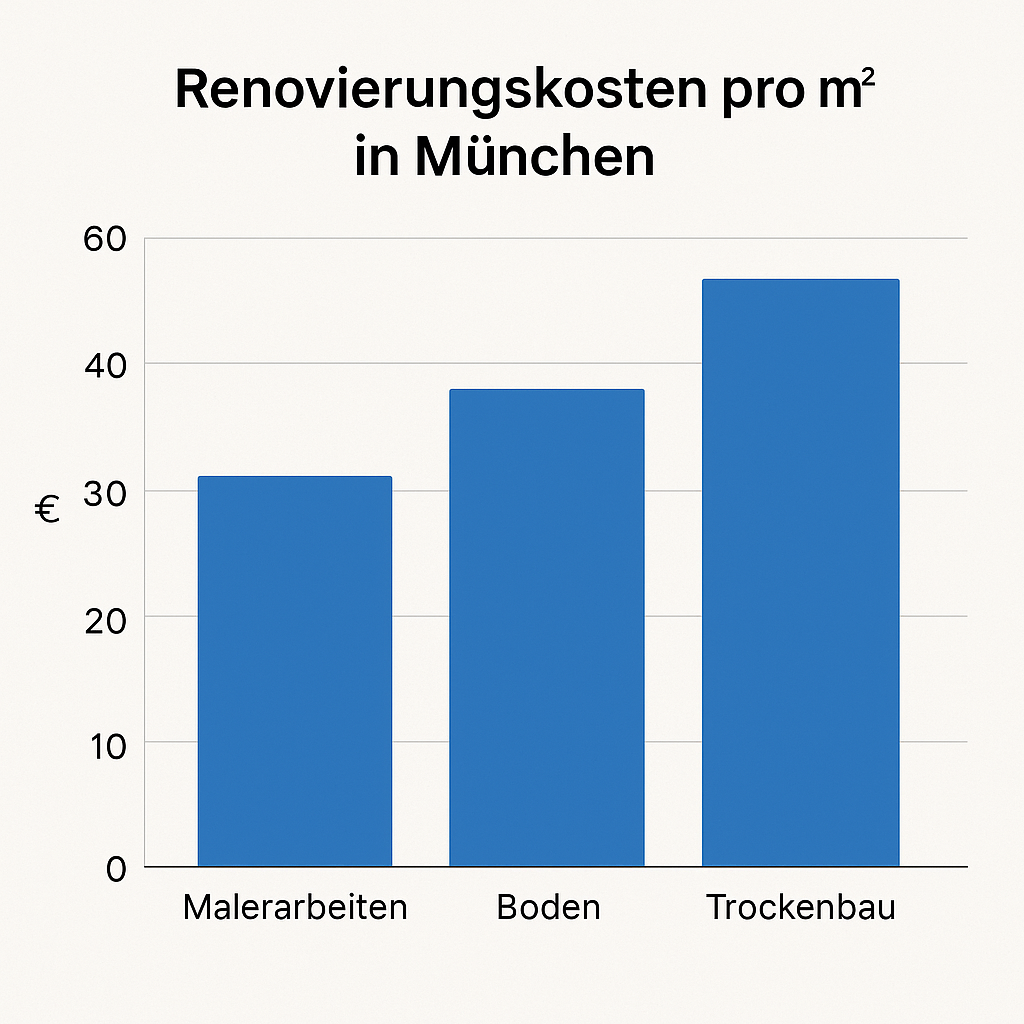 Balkendiagramm mit Renovierungskosten pro Quadratmeter in München für Malerarbeiten, Boden und Trockenbau