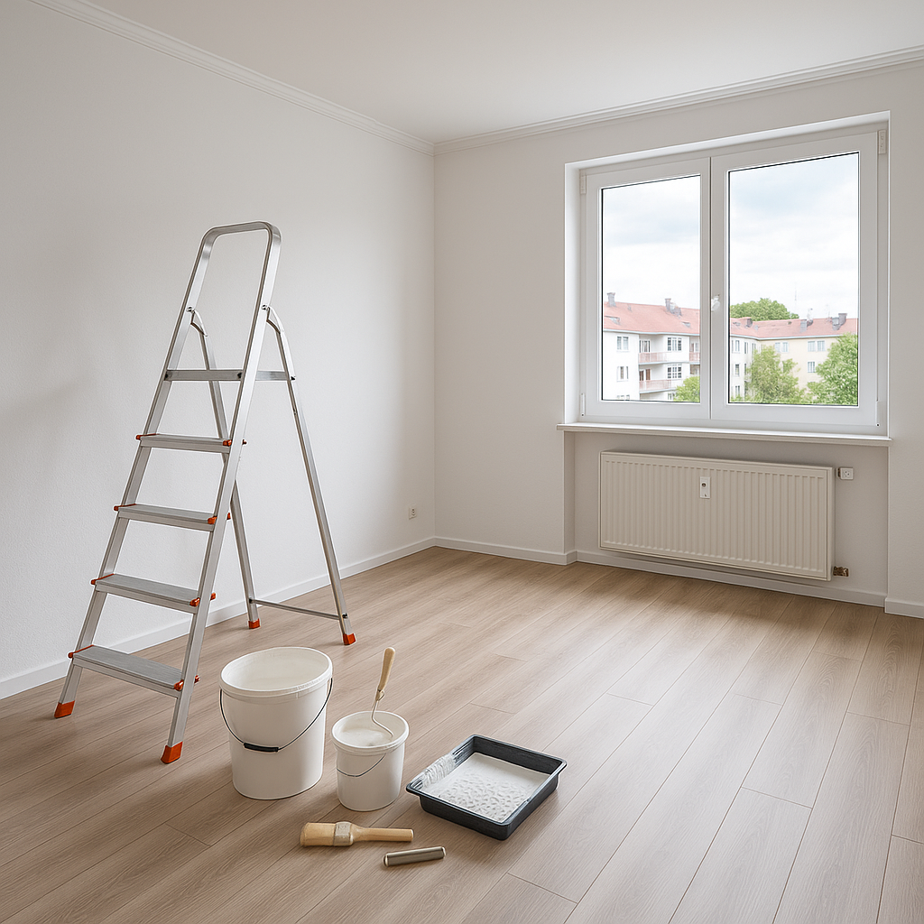 Frisch renoviertes Zimmer in München mit Leiter und Malerwerkzeug