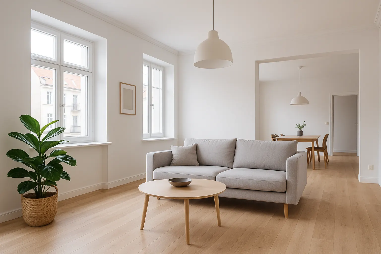 Innenausbau im Münchner Süden – renovierte Wohnung mit hellen Wänden und großen Fenstern.