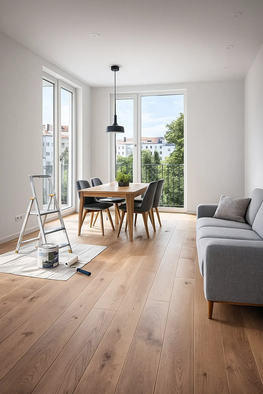 Innenausbau & Renovierung in München – modernes saniertes Wohnzimmer mit Trockenbau und neuen Bodenbelägen.